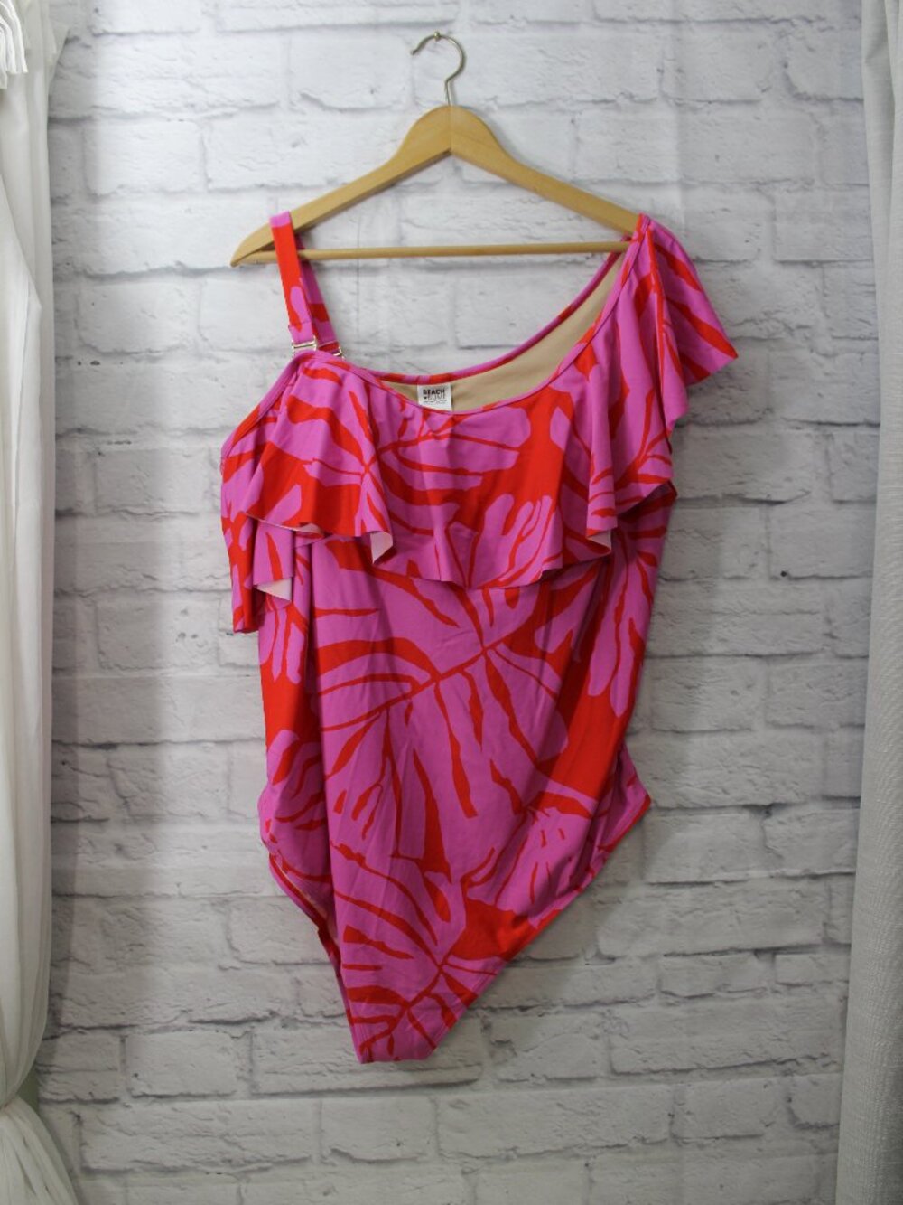 Motherhood Maternity Plus 3X Pink Tropical Ruffle Shoulder One Piece Swimsuit